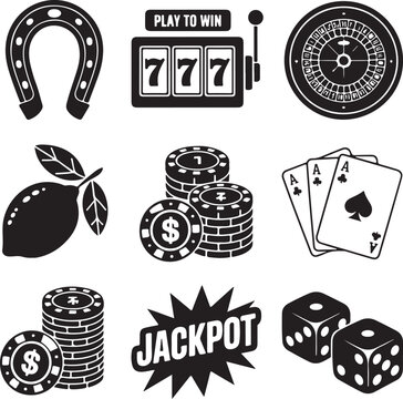 Casino and gambling icons set with money and dice