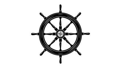 Ship's Wheel Steering Compass: A classic black ship's wheel, symbolizing navigation and maritime adventure, features a prominent compass at its center, ready to guide the journey. © hasem