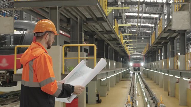 Train maintenance technician wearing an orange safety vest and hard hat meticulously examines blueprints within brightly lit rail facility filled with operational trains for inspection support.