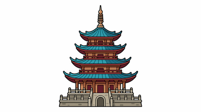 A vibrant, pixel-art illustration of a traditional Asian pagoda with multiple tiers