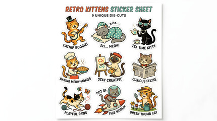 Fototapeta premium Retro Kittens Sticker Sheet: A playful collection of 9 unique die-cut stickers featuring anthropomorphic cats engaged in various whimsical activities, from baking to space exploration.