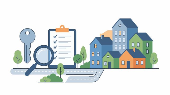 Colorful houses and clipboard with checklist on suburban street