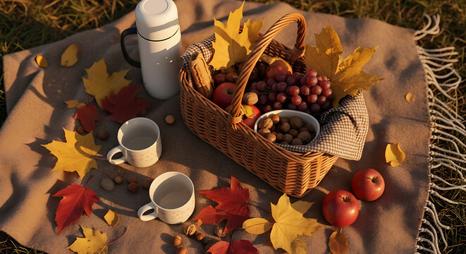 Autumn picnic basket with grapes, apples, nuts, and thermos on a blanket in the park