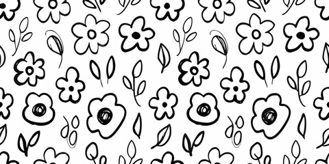 Fototapeta premium Black and white seamless floral pattern with hand drawn flower shapes