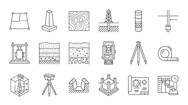 Site Survey and Geotechnical Preparation Line Icon Set with Topographic Drilling Soil Profile and Engineering Symbols