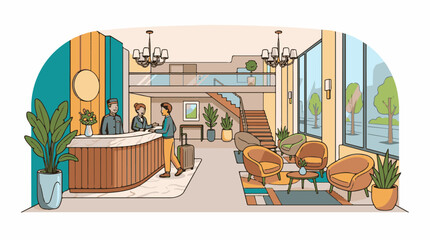 Fototapeta premium A man checks in at a hotel lobby with a reception desk, seating area, and staircase