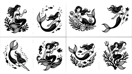 Fototapeta premium Mermaids Swimming with Bubbles and Seaweed in Vintage Monochrome Tattoo Style Illustration Set Featuring Mermaid, Ocean, Sea with Underwater and Line