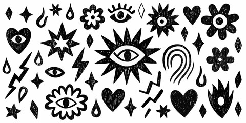 Fototapeta premium Occult themed doodles and symbols black vector illustration on white background