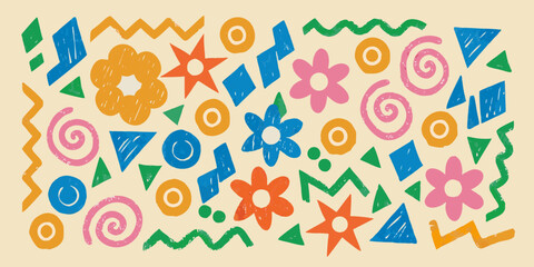 Colorful Abstract Shapes And Floral Elements Memphis Style Vector Illustration © ShibuProsad