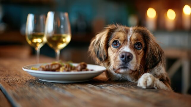 An adorable dog gazes longingly at a delicious meal on the table, embodying loyalty and anticipation in a warmly lit, cozy dining atmosphere.