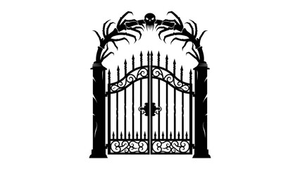 Gothic Gate Arched Entrance: A wrought iron gate, crafted in a dark, gothic style, stands as a dramatic arched entrance with ornate spikes and skull-like embellishments. © Mf