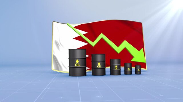 Bahrain Crude Oil Price Drop with Oil Barrels Downward Green Arrow and 3D Financial Data Visualization Graphs for Economy and Business Concept