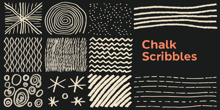Chalk scribbles collection on a black background hand drawn texture patterns