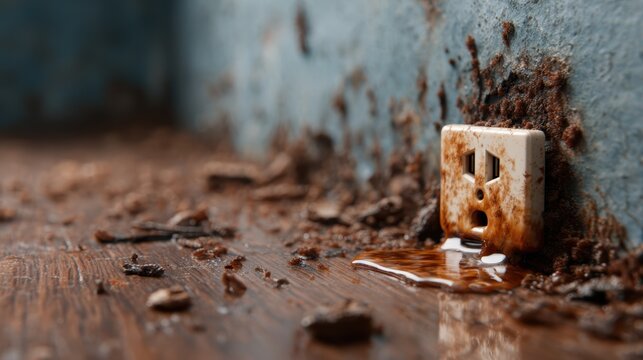 A close-up view of a dirty electric outlet surrounded by tarnished walls, featuring a puddle of brown liquid, highlighting neglect and environmental decay in an interior setting.