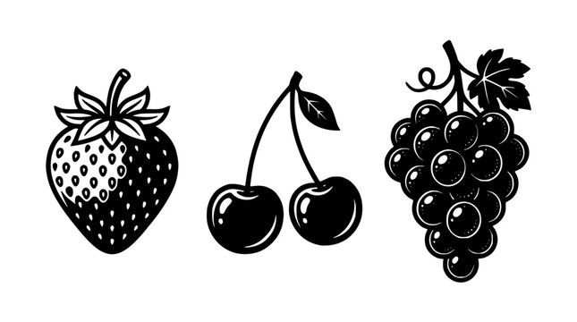 Fruits Hand Drawn Set with Strawberry, Cherries, and Grape Bunch Icons in Bold Black Line Art Featuring Grapes, Berry, Orchard with Fresh Produce
