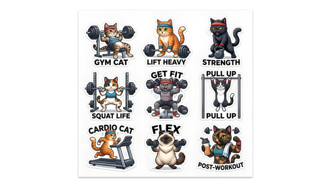 Feline Fitness Fanatics: A whimsical collection of cats engaged in various workout routines, from lifting weights to running on a treadmill.