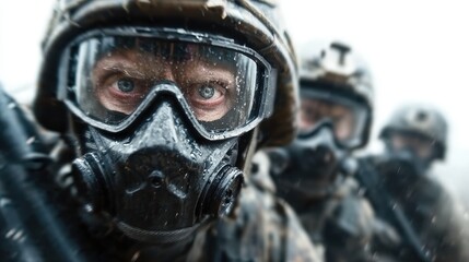 Fototapeta premium This image captures soldiers wearing gas masks during a rain-soaked mission, emphasizing their focus and determination in challenging conditions.