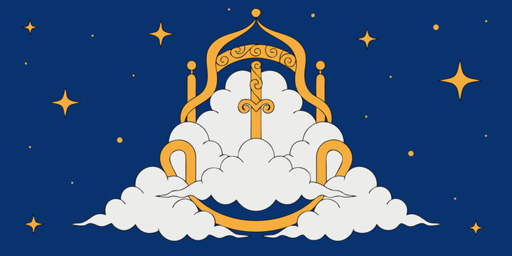 Golden throne on clouds with stars in the night sky illustration mythical background template decorative branding insignia medallion heraldry symbolism significance representation