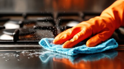 Fototapeta premium A person in orange gloves is cleaning a stainless steel stove top, showcasing both cleanliness and attention to detail while achieving a sparkling surface.