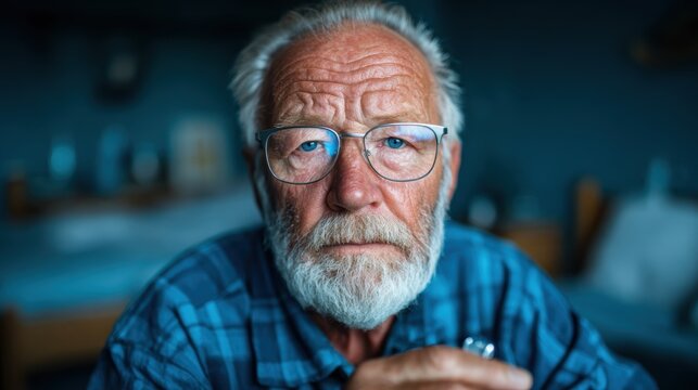 A senior man with glasses looks thoughtfully at the camera, his expression conveying wisdom, experience, and the beauty of aging gracefully in modern life.