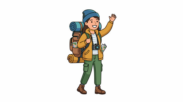 A cartoon person wearing a yellow jacket and green pants with a backpack