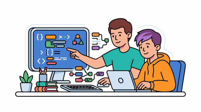A cartoon illustration of two young men working together, coding on computer