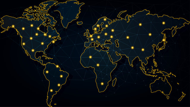 Global cyber network map. Worldwide digital connectivity. International data communication. Vector illustration