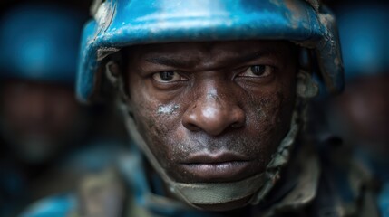 Obraz premium A powerful portrait of a soldier in a blue helmet showcases the intensity of emotion and the gravity of duty, symbolizing bravery and resilience in challenging times.