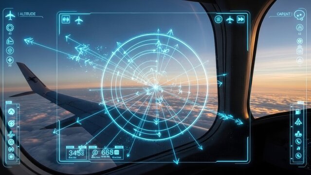 A futuristic cockpit view of an airplane soaring through the clouds during sunset, with a virtual interface displaying flight data and navigation information