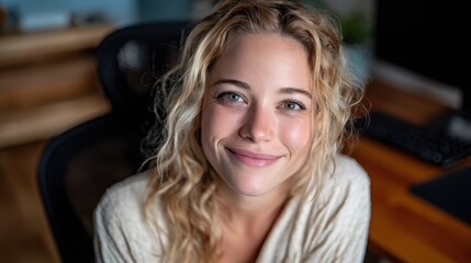 Fototapeta premium A cheerful and relaxed woman showcases an inviting smile in a cozy home workspace, perfectly embodying a sense of warmth and contentment in her everyday life.