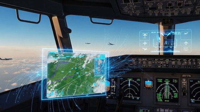 A futuristic airplane cockpit with holographic displays showing a map and flight data