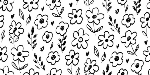 Fototapeta premium Black and white seamless floral pattern with sketched flower and leaf motifs