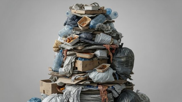 A large pile of assorted trash and recyclables stacked haphazardly
