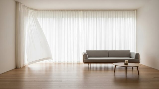 A modern living room with a gray couch and small table in front of a large window with white curtains