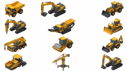 Collection of yellow construction vehicles and machinery. © Mas