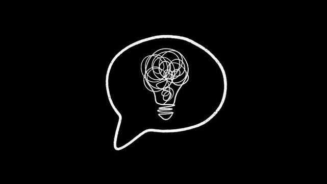 Hand-drawn speech bubble with messy scribble light bulb loop animation on transparent background alpha channel. Conceptual dialogue box or thought cloud representing brainstorming, complex ideas