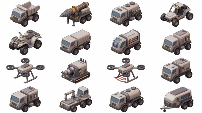 Collection of military vehicles and drones in isometric view.