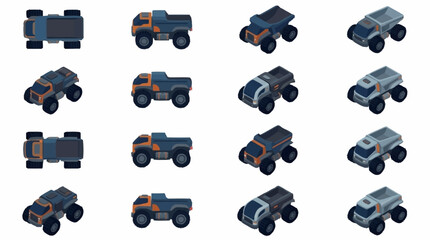Collection of colorful toy monster trucks in various angles. © Mas