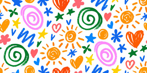 Colorful Hand Drawn Pattern Featuring Stars Hearts And Spirals © Suvro