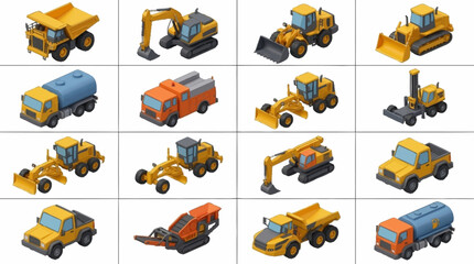 Collection of colorful construction vehicles in various styles. © Mas