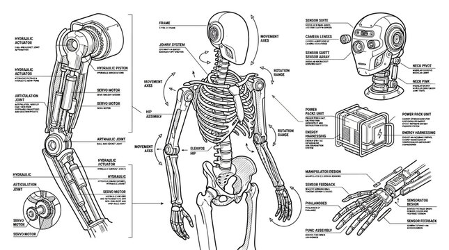 Anatomical diagram of robotic arm and humanoid skeleton.
