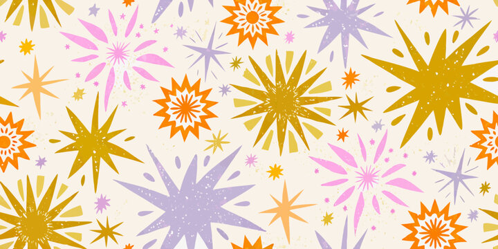 Retro style firework pattern with starbursts and a cream colored background
