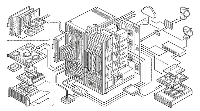 Computer hardware components and peripheral connectivity schematic.