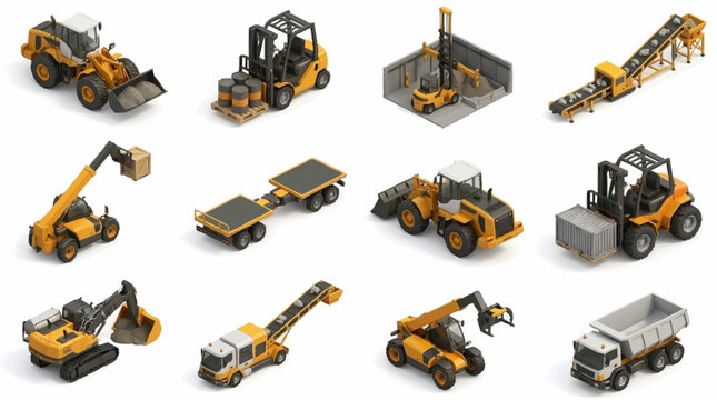 Collection of yellow construction vehicles and machinery.