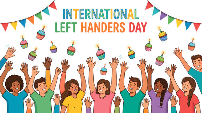 Diverse crowd of people raising their left hands for International Left Handers Day.
