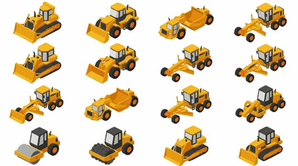 Collection of yellow construction vehicles in isometric style. © Mas