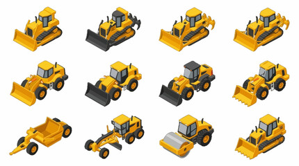 Collection of yellow construction vehicles in isometric style. © Mas