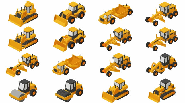 Collection of yellow construction vehicles in isometric style.