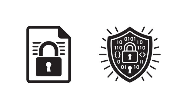 Secure digital document and encrypted cyber shield icons for information technology and data privacy concepts