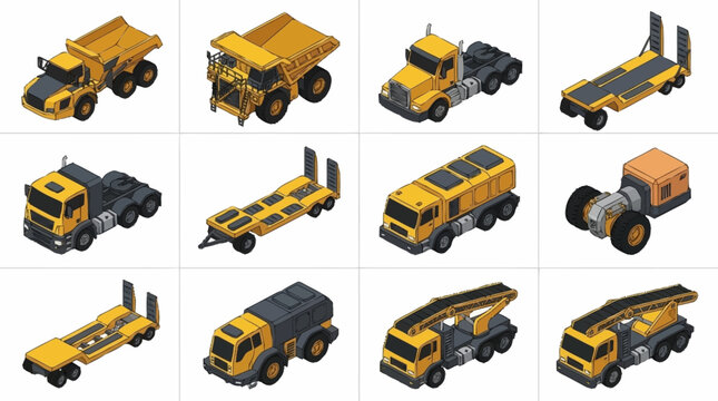 Collection of yellow construction trucks in various styles.